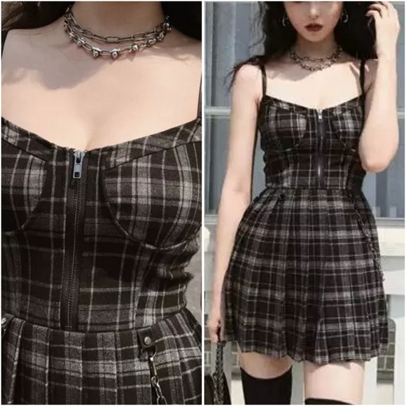 Gothic Plaid Sleeveless Tartan Pleated Dress - Picture 3 of 7